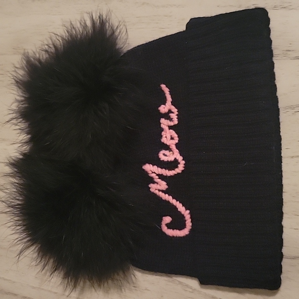 Kate Spade Black Hat with Pink 'Meow' and Pom Poms